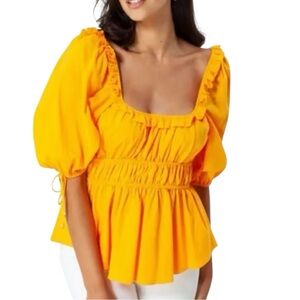 Hale Bob Orange Puff Sleeve Blouse with Ruffled Smocked Details
